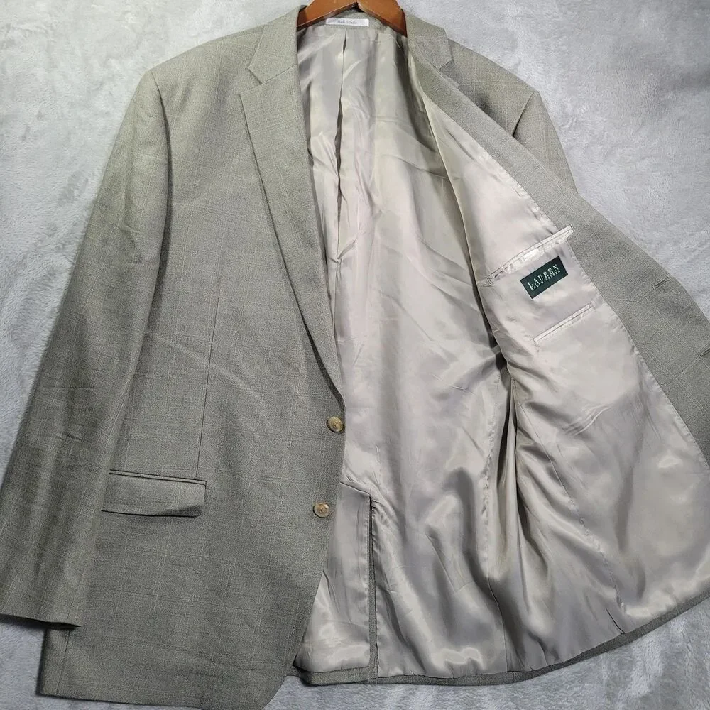 Lauren Ralph Lauren Sport Coat Mens 50L Gray Check Silk Wool 2 Button Blazer